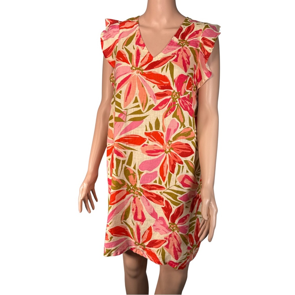 Nicole Miller New York Pink Floral 100% Linen V-Neck Ruffle Sleeve Shift Dress S